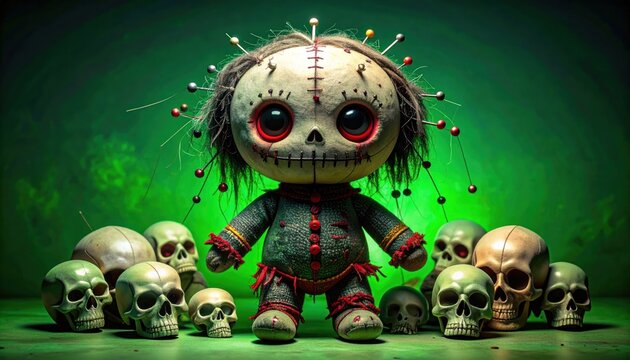 Creepy voodoo doll surrounded by skulls with pins in head