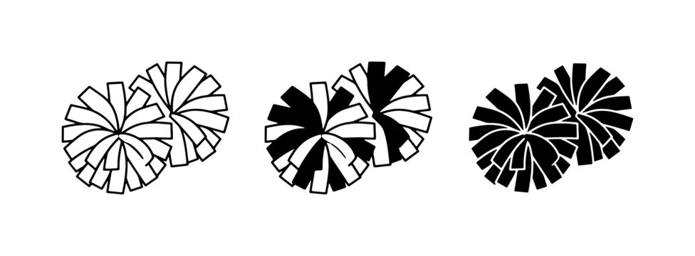Cheerleading Pom Poms Vector Set, Sport Celebration Accessories, Black and White Graphics