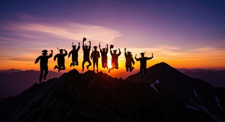 Obraz premium Silhouette of Diverse Group of Friends Celebrating Success on Mountain Peak at Sunset.