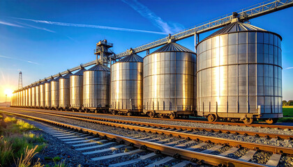 Obraz premium Shiny industrial silos line up under a clear blue sky during a stunning sunset. A powerful visual representing transportation, agricultural storage, and global trade infrastructure.