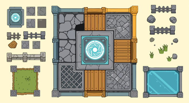 Fantasy RPG game tileset vector, top down dungeon map creator with stone and wood textures, magic portal and environment assets for level design