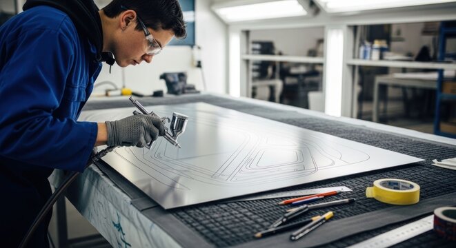Skilled craftsman meticulously measures and marks a large metal sheet in a modern workshop setting.