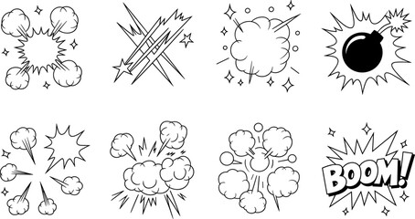 Comic Book Explosion and Boom Effect Collection with Cloud Burst Star Bomb and Impact Doodle Outline Vector Set © MDShakhawat