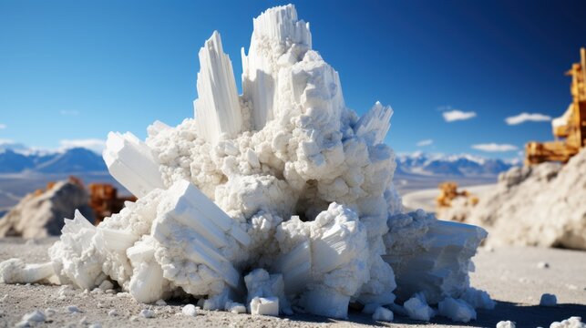 A large white crystal formation in a desert landscape with mountains