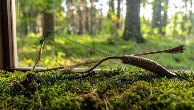 Handcrafted curved yew longbow with reinforced hemp grip and wooden arrow on a mossy windowsill, overlooking a lush green forest in cinematic widescreen orientation.