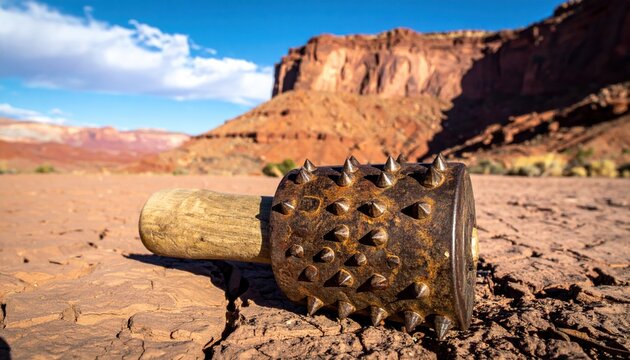 Iron studded wooden club with a heavy metal head and smooth handle lying on parched earth in a vast desert canyon under a bright blue sky, cinematic widescreen banner composition.