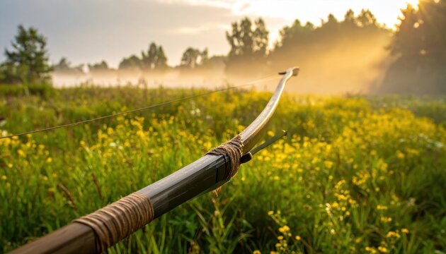 A traditional long ash wood longbow with notched ends and hemp string rests in a blooming field of yellow wildflowers, captured in cinematic widescreen during a foggy golden sunrise in the wild.