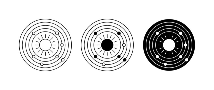 Solar System Icons, Planetary Orbits, Celestial Body Graphics, Science Vector Set
