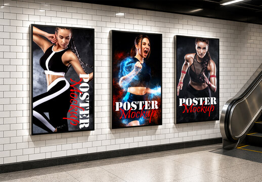 Fitness poster mockup templates on subway wall near escalator