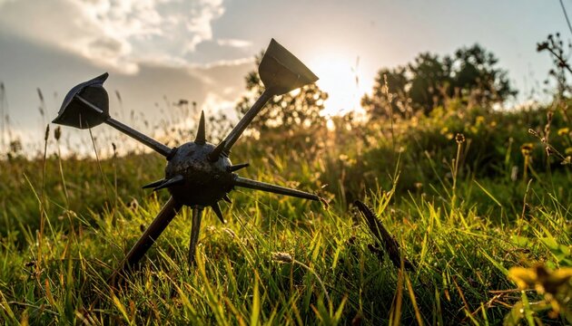 A spiked medieval morning star mace with an iron ball head and wooden handle rests in the green grass during a golden sunset, representing historical warfare in a cinematic panoramic view.