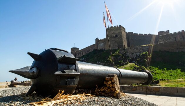 Massive medieval siege engine bolt with a sharp heavy iron tip rests on a pile of timber before a stone fortress, representing historical warfare and ancient military power in a cinematic banner.
