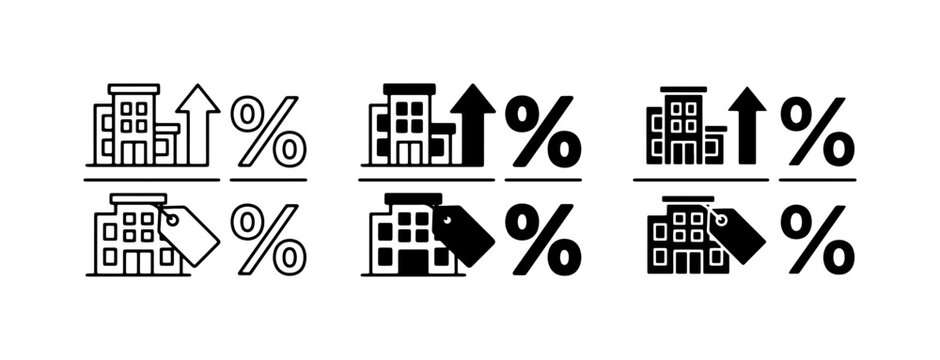 Building Icons, Up Arrow Percentage, Price Tag Percentage, Business Growth, Real Estate Finance