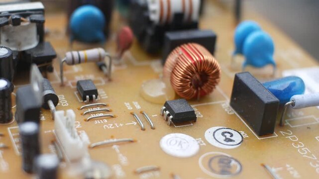 A macro video showcasing the intricate details of an electronic circuit board. The camera focuses on components like copper inductor coils and capacitors on a tan PCB.