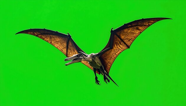 Pterodactyl flying with translucent wings on green screen