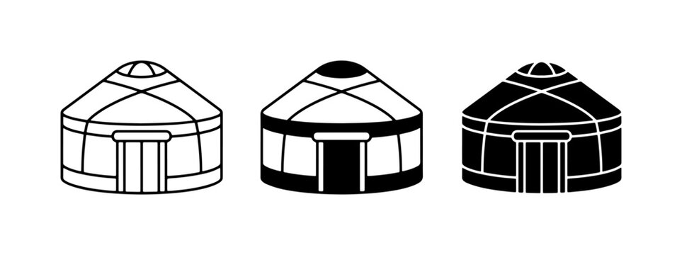 Yurt Icons, Traditional Mongolian Dwelling, Circular Tent, Nomad Shelter, Black and White Vector Graphics