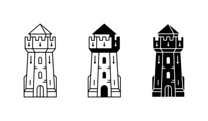 Medieval Castle Tower Icons, Fortress Architecture Vector Set, Ancient Landmark Symbols © Golam