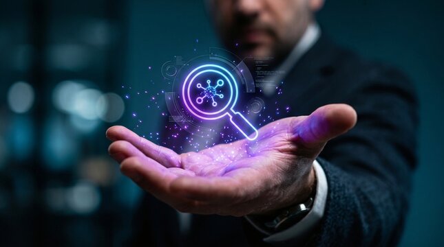A person's hand presenting a glowing digital magnifying glass with molecular data visualization