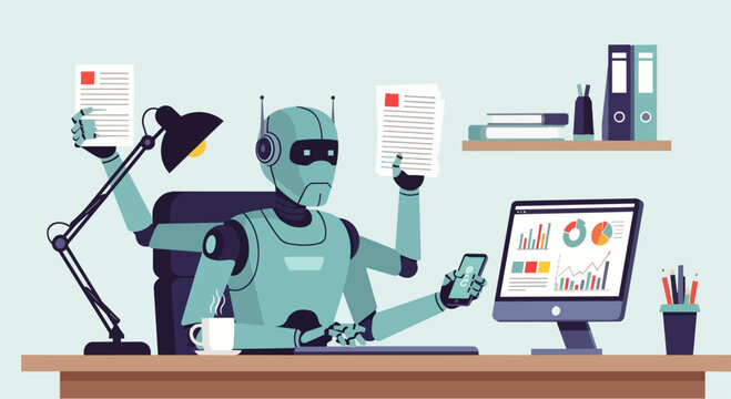 Flat vector illustration of a multitasking AI robot with multiple arms managing various digital tasks simultaneously. Artificial intelligence for productivity, automation, and workflow management.