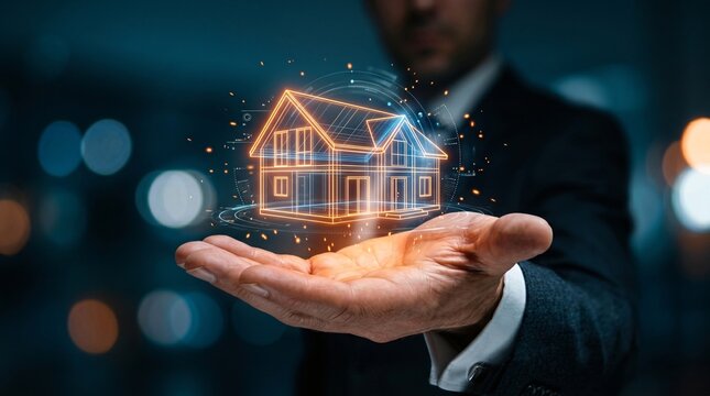Person's hand displaying a glowing 3D house blueprint with digital particles