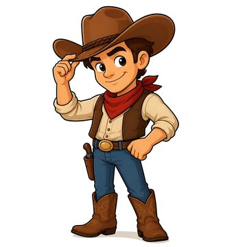 Cartoon cowboy tipping his hat and smiling ready for adventure wild west