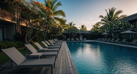 Obraz premium Tropical Resort Poolside Oasis at Sunset with Palm Trees and Lounge Chairs.