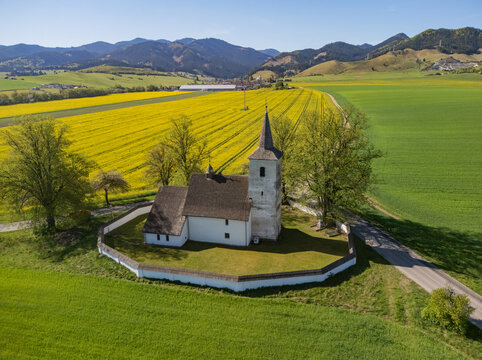 Aerial view of the historic All Saints Church surrounded by vibrant yellow rapeseed fields and green meadows with mountains in the background in Ludrova, Zilina Region, Slovakia.