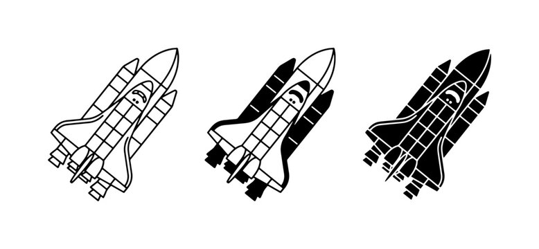 Space Shuttle Icons, Vector Set: Outline, Silhouette, and Filled Designs