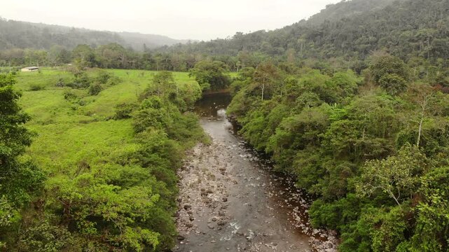 Aerial view of Rio Achiote, near Puerto Quito, Ecuador. Running through a largely human altered landscape which was formerly lowland rainforest in the biodiverse Choco Biogeographical Region