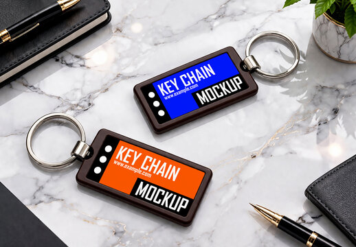 Keychain mockup template with branding design on marble desk
