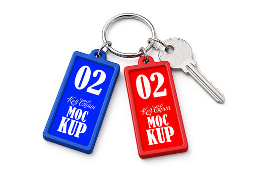 Keychain mockup template with numbered tags and metal keys