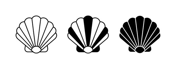 Scallop Shell Icons, Vector Set: Outline, Silhouette, Black and White Graphics © Riad