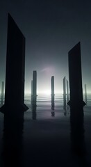 Naklejka premium Abstract surreal landscape with tall dark pillars standing in misty atmosphere.