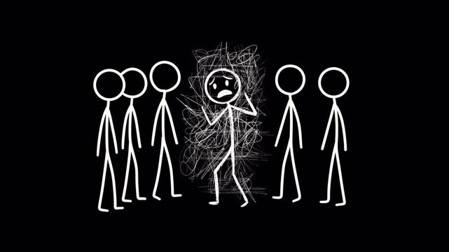 Hand-Drawn Minimalist White Line Animation Loop of Anxiety in a Crowd (Boiling Lines Style). For motion graphic projects, social media videos, documentary segments, and presentations on mental health