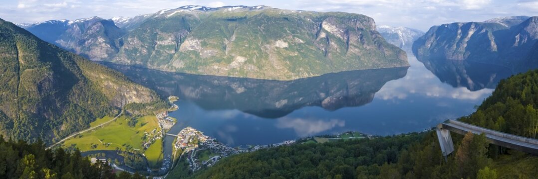 Viewing platform Stegastein, mountains reflected in the water, panorama, Aurlandsfjord, Aurland, Sogn og Fjordane, Norway
