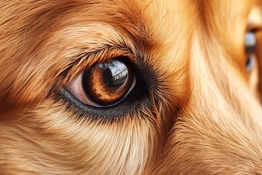 Golden retriever dog eye showing reflection, fur, and loyal expression