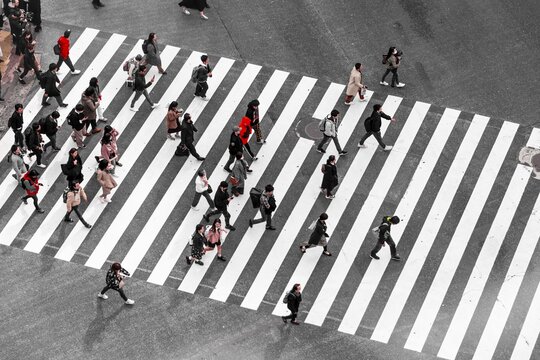 Shibuya crossing, crowds at intersection, many pedestrians cross zebra crossing, Shibuya, Udagawacho, Tokyo, Japan