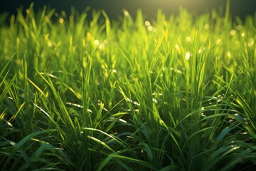 Obraz premium Green grass blades glowing with warm sunlight creating a soft bokeh background