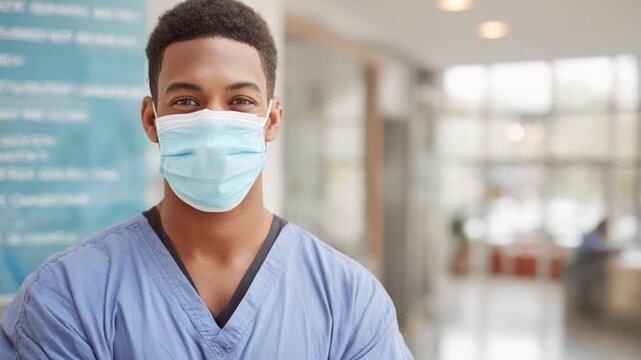 Dedicated Healthcare Worker: A healthcare professional, adorned in a face mask and medical attire, stands confidently in a hospital corridor, projecting both competence and compassion.
