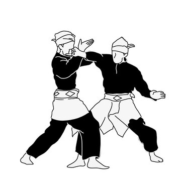 black and white illustration of silat battle between 2 silat warriors with tradition wear