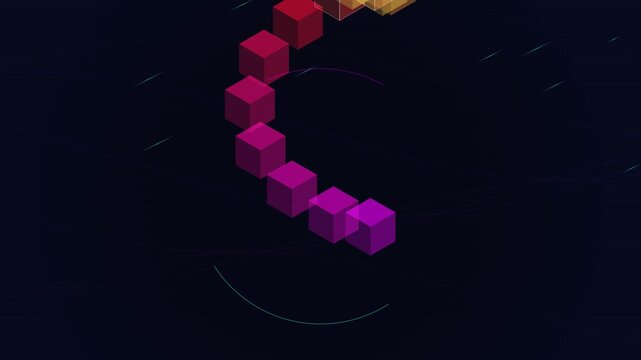 Animated 3D isometric cubes spiraling on dark background, abstract digital data flow.