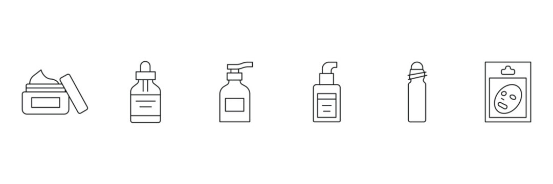 Skincare and beauty product packaging minimalist outline vector icon set for cosmetic branding facial treatment and spa wellness laboratory illustration.