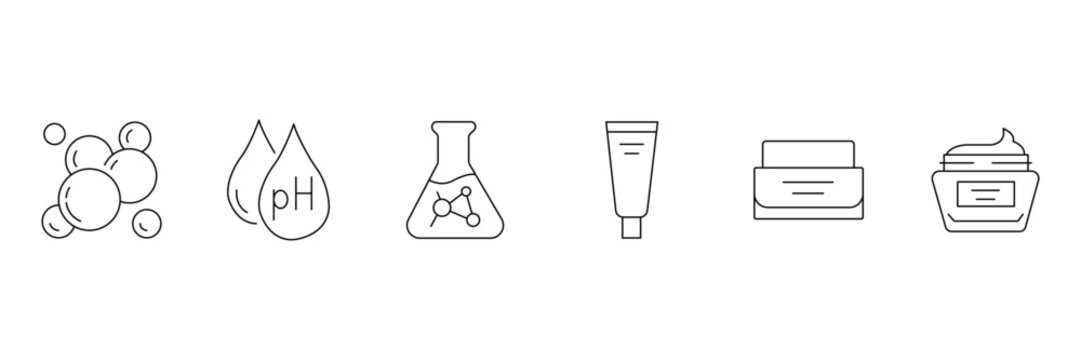 Skincare and dermatology lab research minimalist outline vector icon set for beauty product development medical cosmetic testing and scientific treatment.