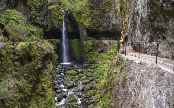 Levada do Moinho, Waterfall in a gorge, Ponta do Sol, Madeira, Portugal