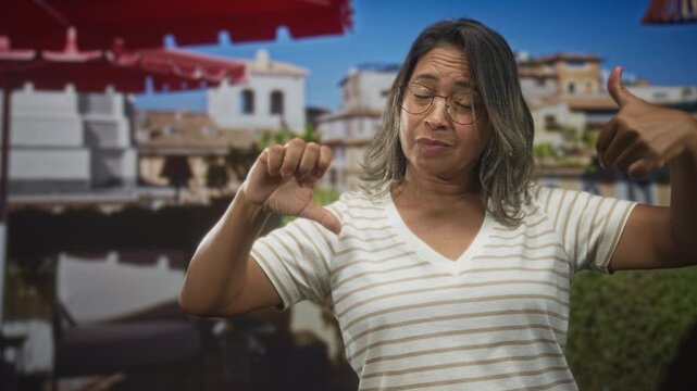 Hispanic woman wearing striped shirt and glasses showing thumbs up and thumbs down gesture on a sunny street with buildings and umbrellas; indecision reflection.