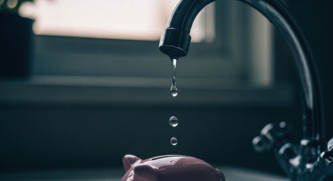 Water dripping from faucet into piggy bank saving money concept.