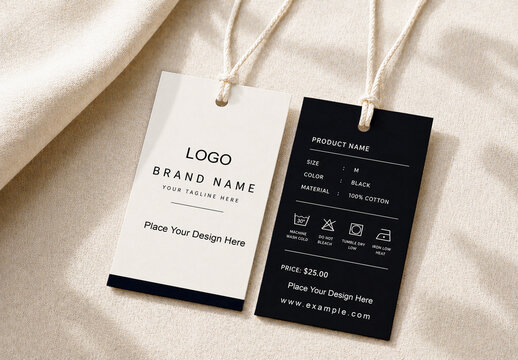 Realistic Clothing Hang Tag Mockup with String on Textured Fabric Background