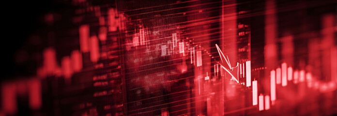 Financial market chart showing red bearish trend lines and stock price decline with descending arrow indicating economic crisis recession or market crash business investment analysis visual.