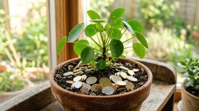 Pilea peperomioides plant growing in a pot filled with metallic coins.