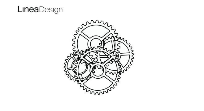 Gears assembled in a complex mechanical formation illustrate the inner workings of industrial machinery and technological innovation through a precise line art engineering design for projects.