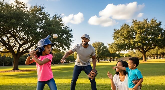Family playing catch in the park.
